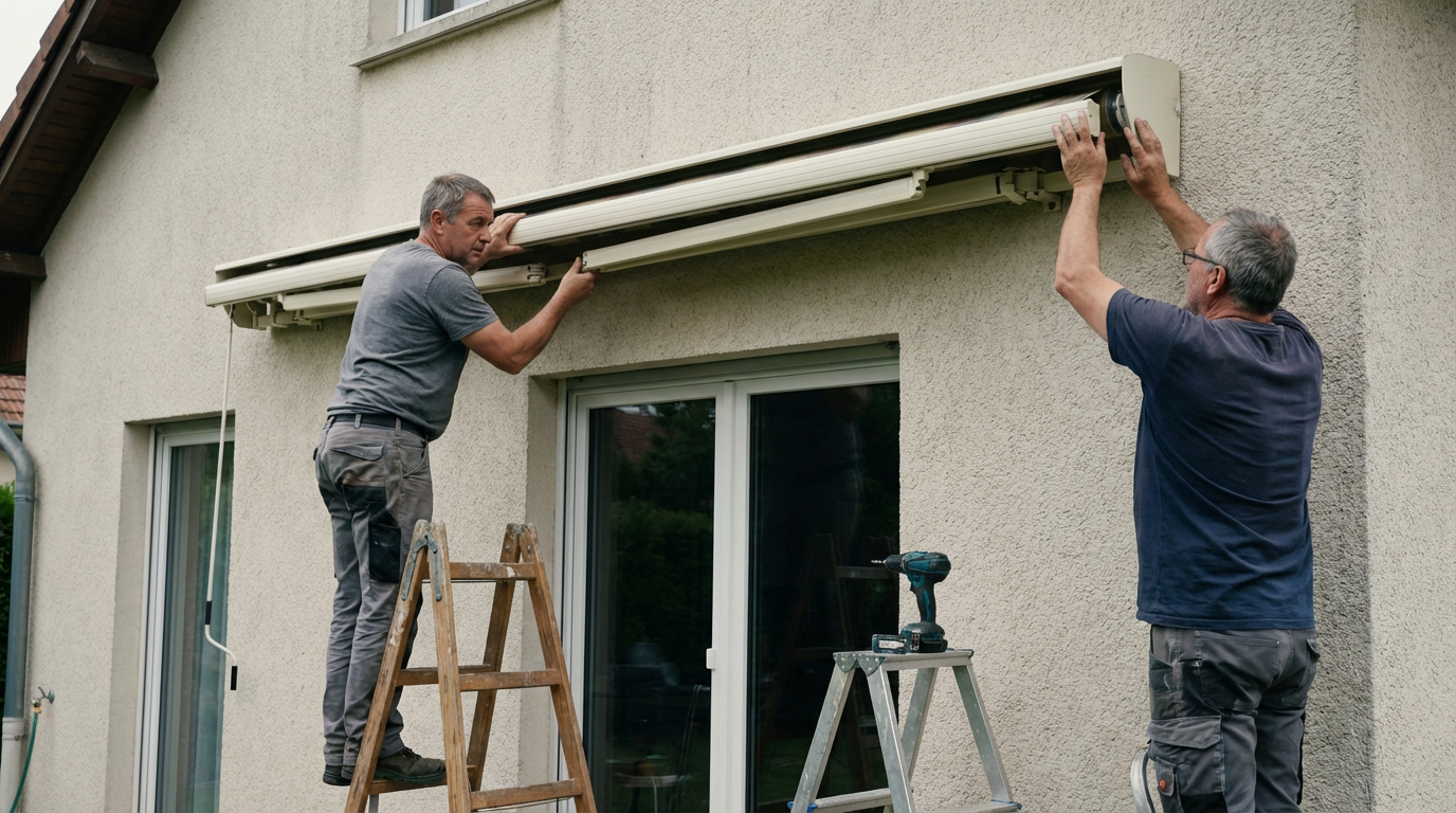 Deux bricoleurs installant un store banne sur façade de maison