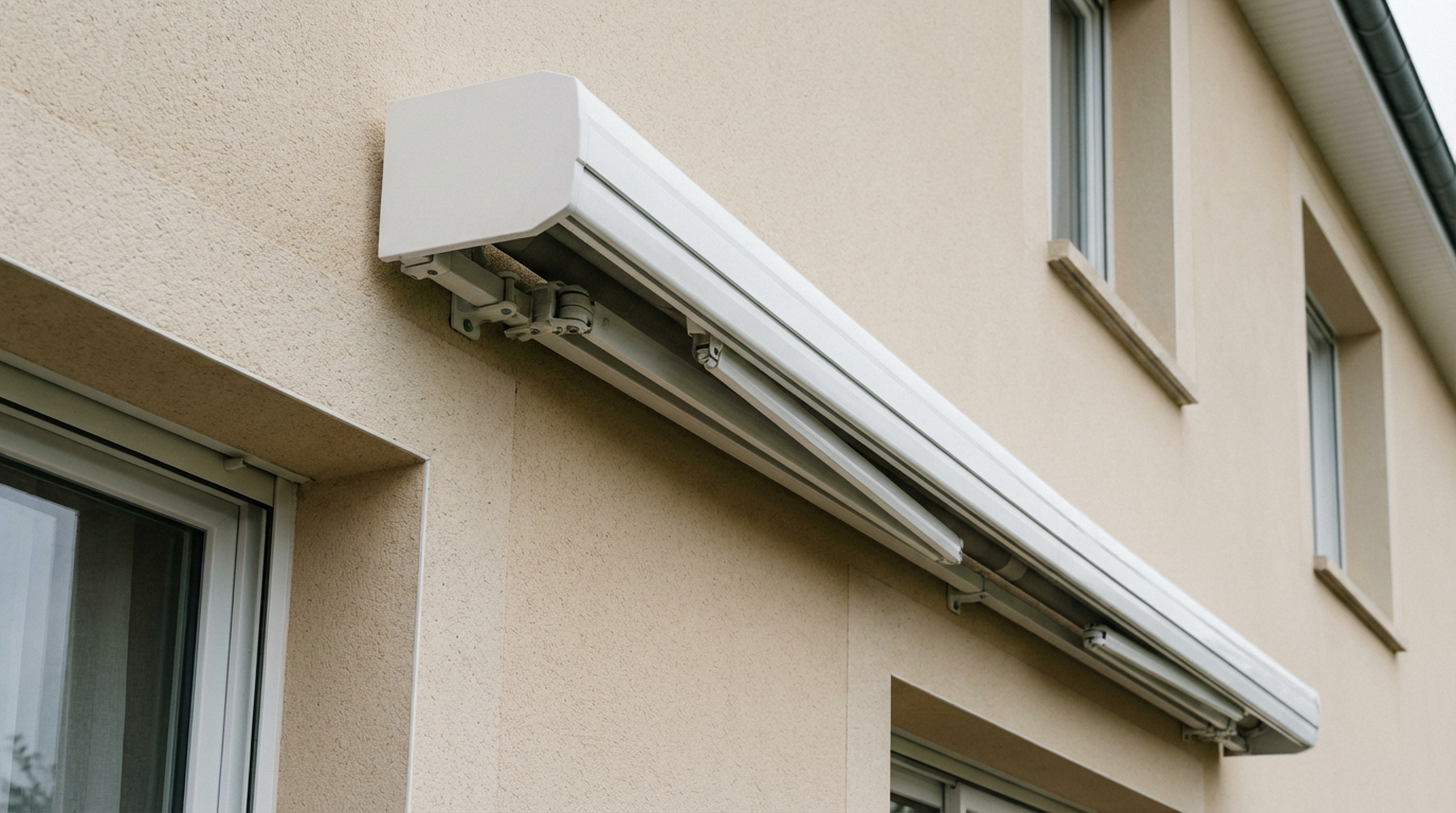 Détail d'un store banne coffre intégral français avec bras articulés visibles