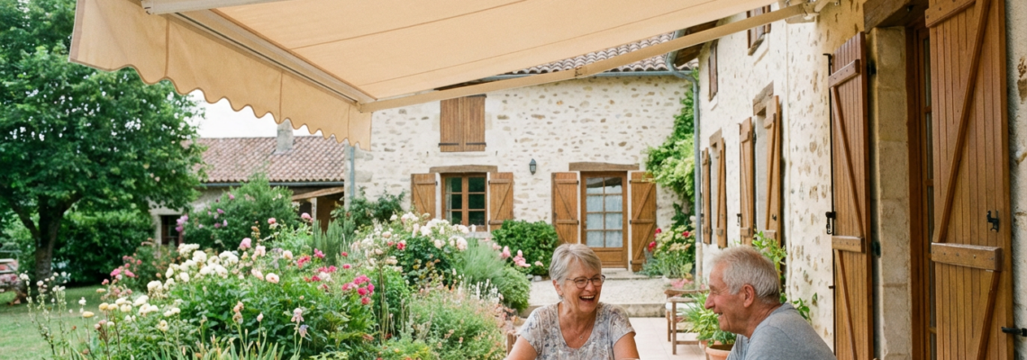 Store banne français déployé sur terrasse ensoleillée protégeant un couple