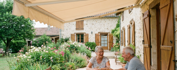 Store banne français déployé sur terrasse ensoleillée protégeant un couple