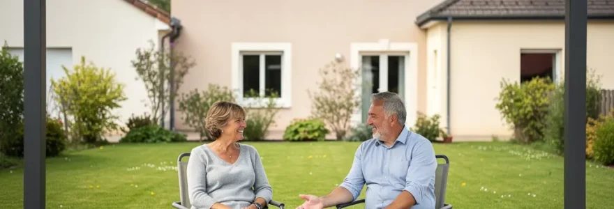 Auvent solaire photovoltaïque installé sur terrasse résidentielle avec couple profitant de l'ombre