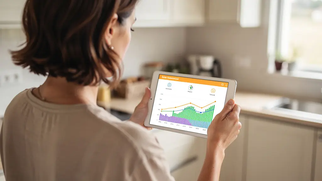 Personne consultant application de suivi production solaire sur tablette dans cuisine