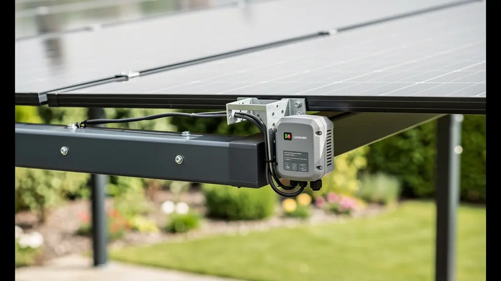 Détail technique de panneaux photovoltaïques montés sur structure auvent gris anthracite