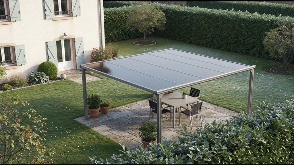 Vue d'ensemble jardin résidentiel français avec auvent solaire intégré sur terrasse