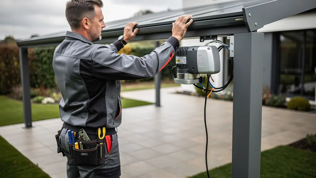 Technicien SAV français inspectant motorisation de pergola solaire