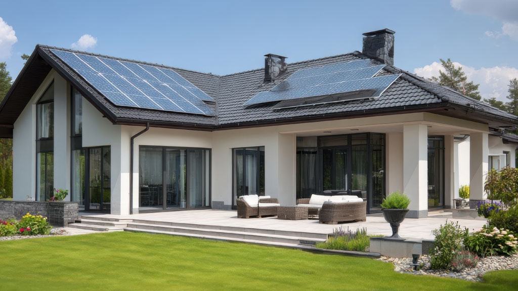 Vue d'ensemble jardin résidentiel français avec auvent solaire intégré sur terrasse