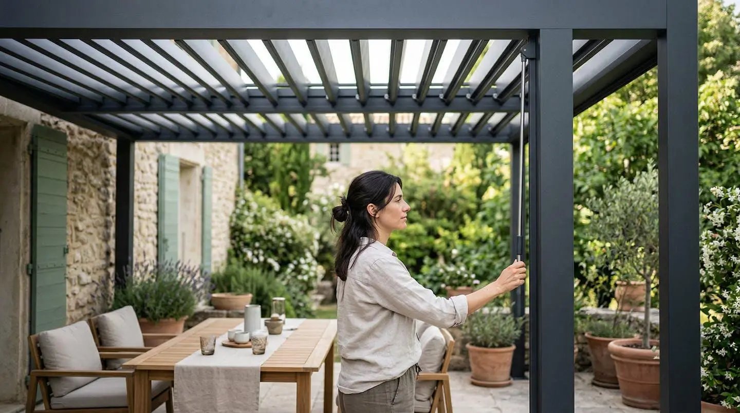 Profil latéral de lames de pergola bioclimatique inclinées à 45 degrés filtrant la lumière