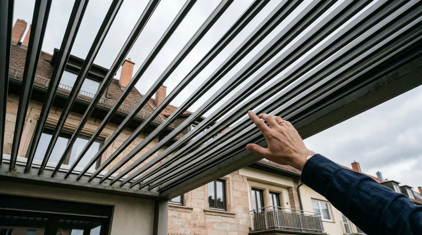 Vue en contre-plongée de lames de pergola orientables alignées parallèlement à la façade
