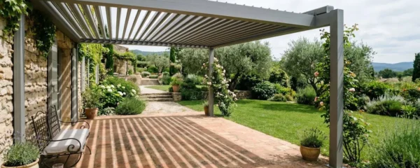 Pergola bioclimatique aluminium créant des rayures de lumière sur terrasse carrelée