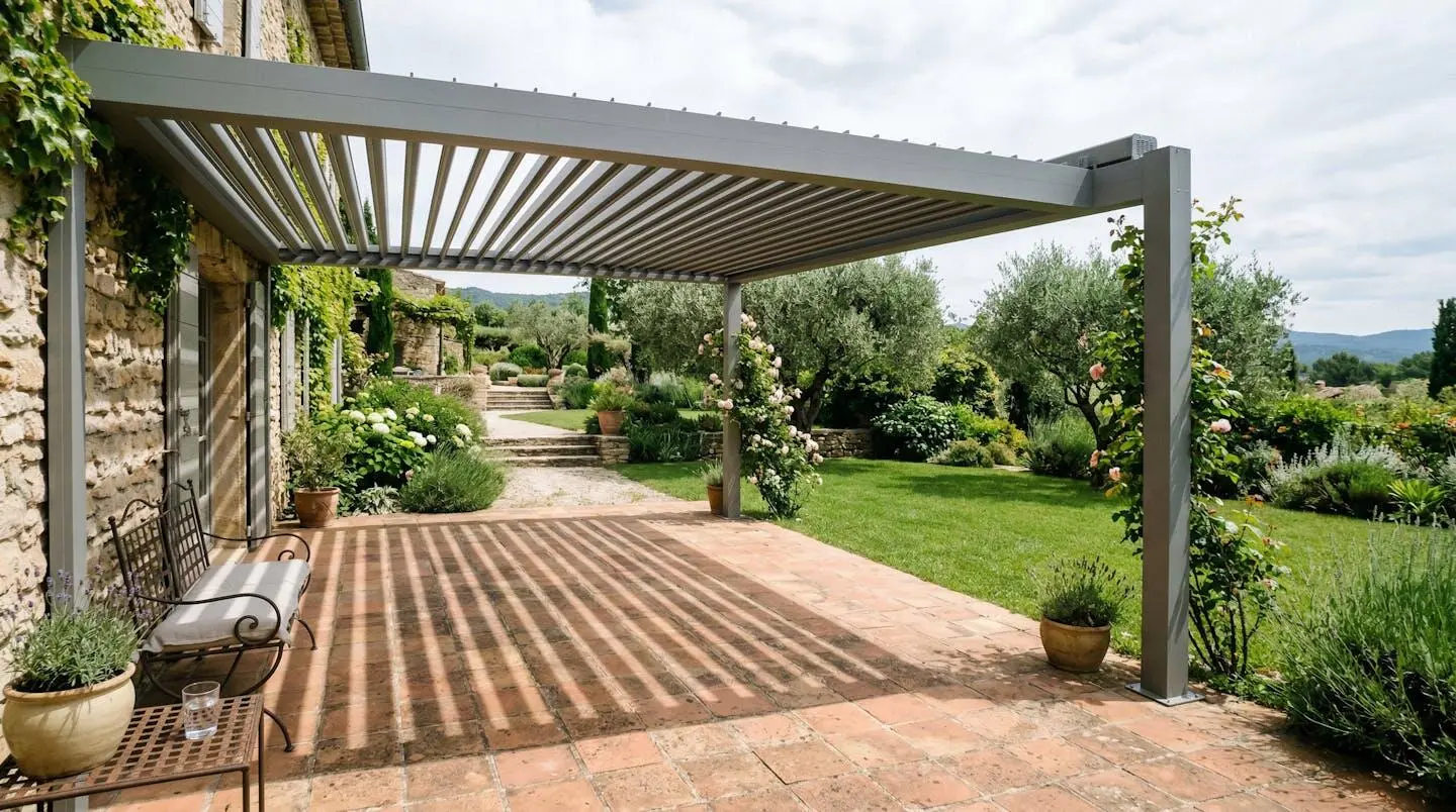 Pergola bioclimatique aluminium créant des rayures de lumière sur terrasse carrelée