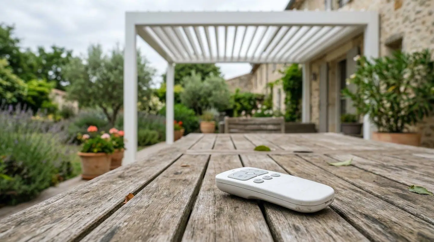 Télécommande de pergola bioclimatique posée sur table de jardin avec pergola en arrière-plan