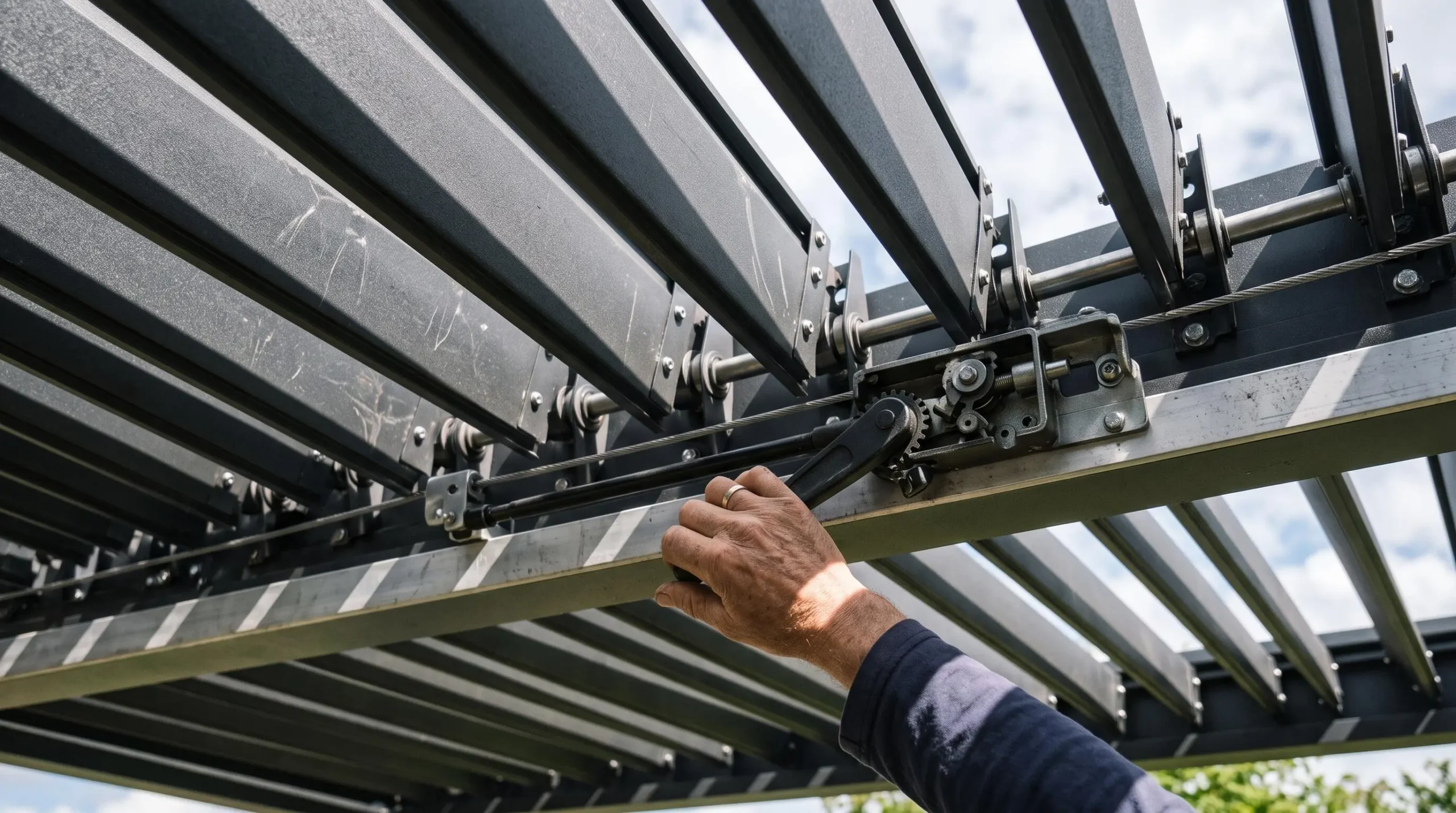 Vue en contre-plongée des lames orientables en aluminium d'une pergola bioclimatique, montrant le mécanisme d'ajustement et le filtrage de la lumière naturelle