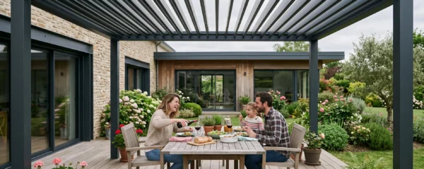 Famille utilisant sa terrasse sous une pergola bioclimatique moderne pendant une journée nuageuse de printemps, dans un jardin résidentiel français