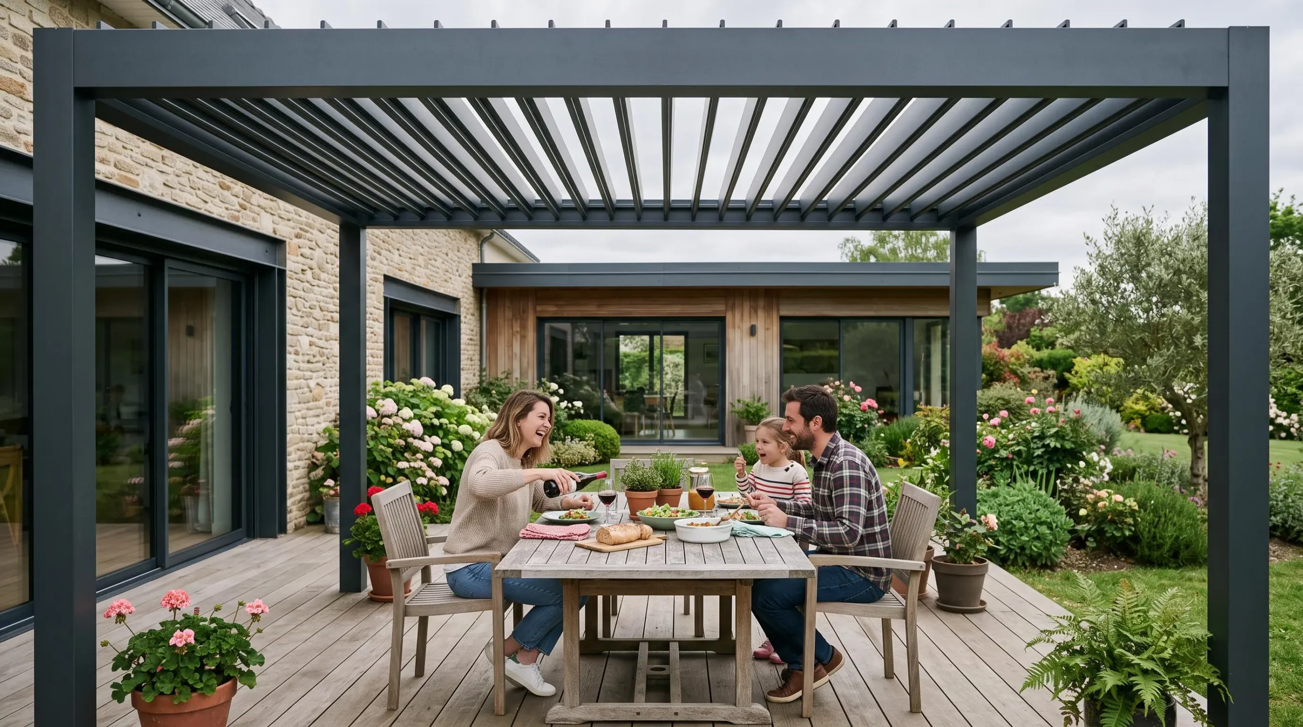 Famille utilisant sa terrasse sous une pergola bioclimatique moderne pendant une journée nuageuse de printemps, dans un jardin résidentiel français