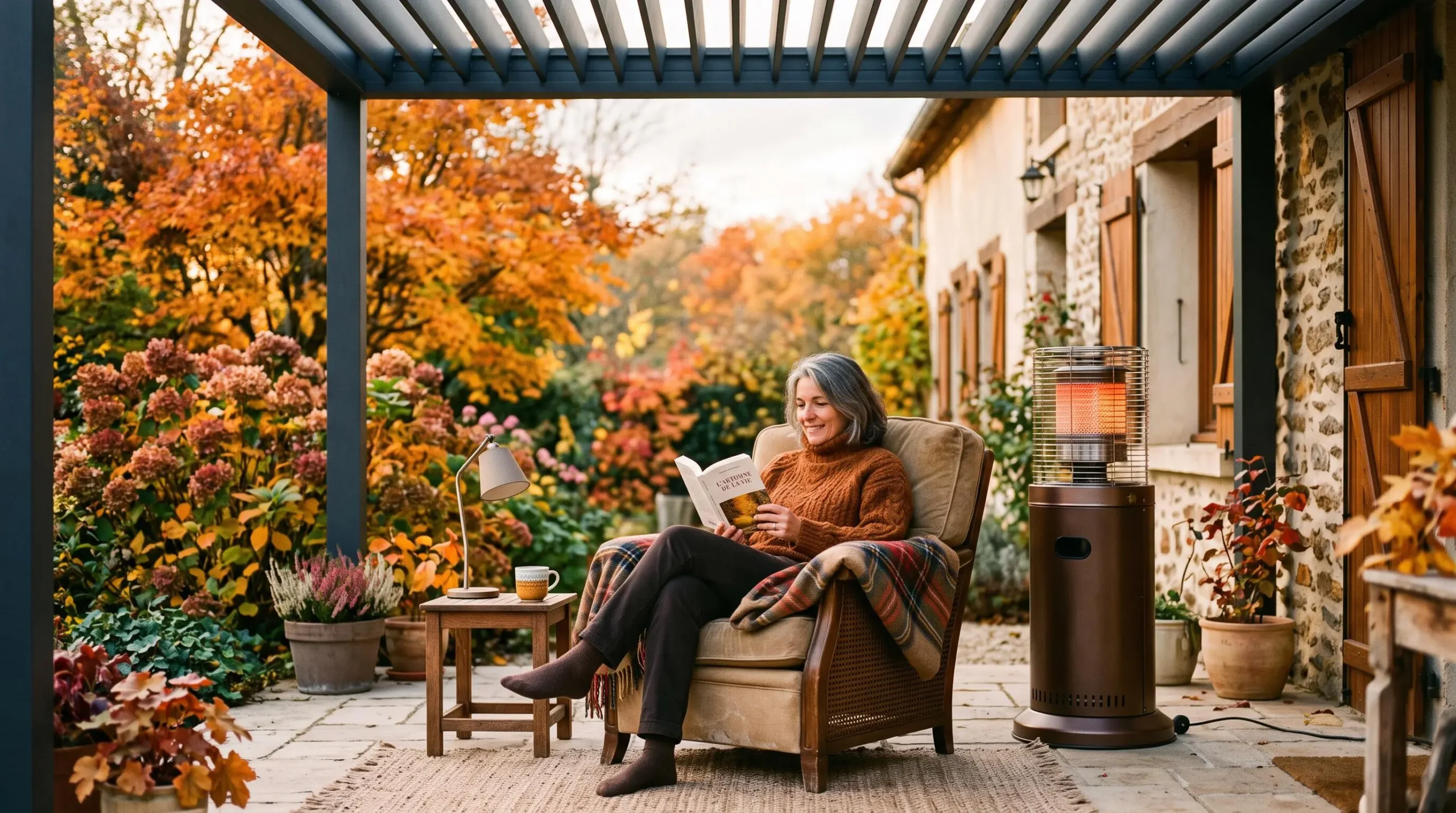 Personne lisant confortablement sous une pergola bioclimatique en automne, installée dans un fauteuil avec un plaid, chauffage d'appoint visible à proximité